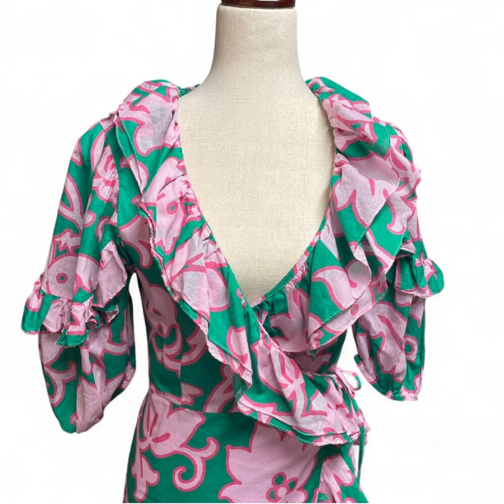 Rhode‎ Womens Lydia Take It Easy Pink Green Floral Print Midi Wrap Dress Size XS - Picture 5 of 11